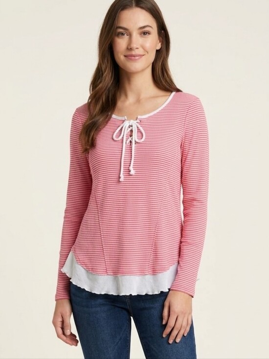 new directions Tops - new directions Pink Striped Lace-Up Long Sleeve Top with White Hem. WS 78